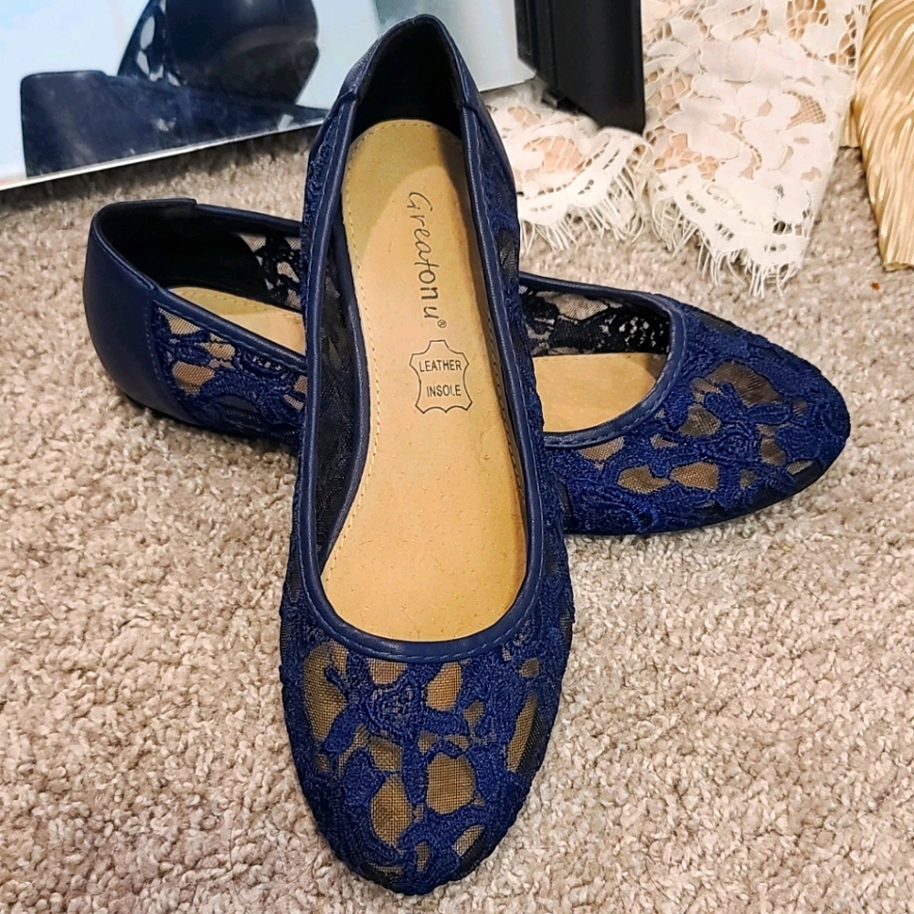 Royal Blue Leather and Lace Flats